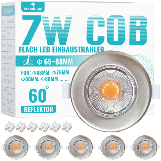 Wondlumi 6er LED Einbaustrahler 7W COB Nickel Gebürstet – Bild 9 #Warmweiß 3000K #Nicht dimmbar