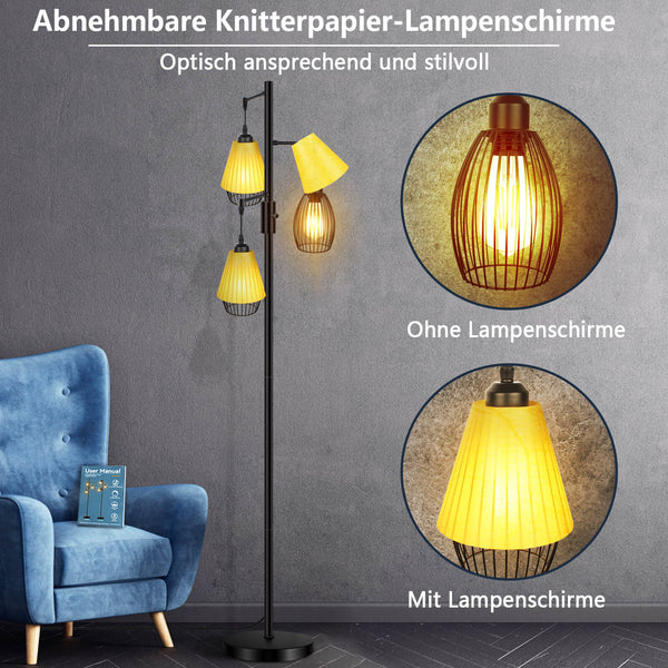 LED Stehlampe Schwarz Dimmbar E27 Vintage 800LM – HiBay-LED 3x8W Standleuchte, Glü