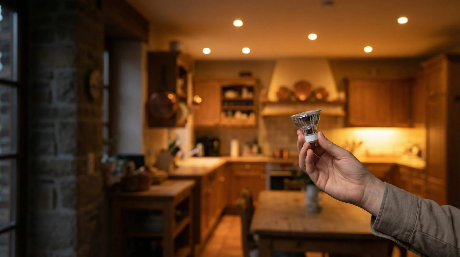 GU10 LED-Spot in der Hand vor warmbeleuchteter Küche — Halogenspots durch LED ersetzen