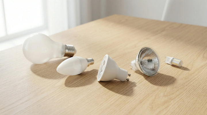 Professionelles Produktfoto verschiedener LED-Sockeltypen: E27, E14, GU10, MR16 und G9 auf Eichenholztisch