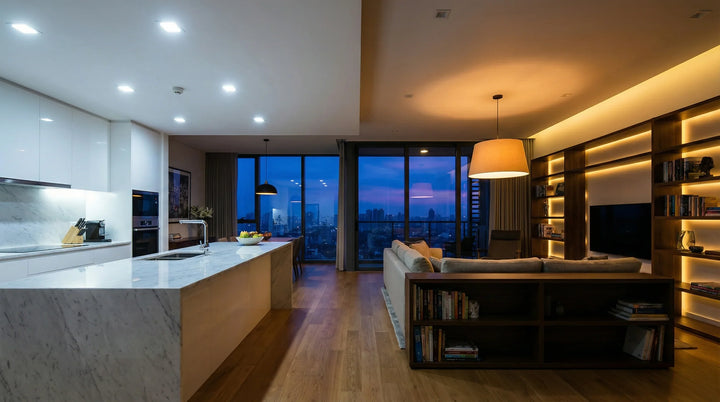 Open-Plan Wohnung mit verschiedenen LED-Beleuchtungszonen: Küche mit neutralweißem Licht und Wohnbereich mit warmem Ambientelicht