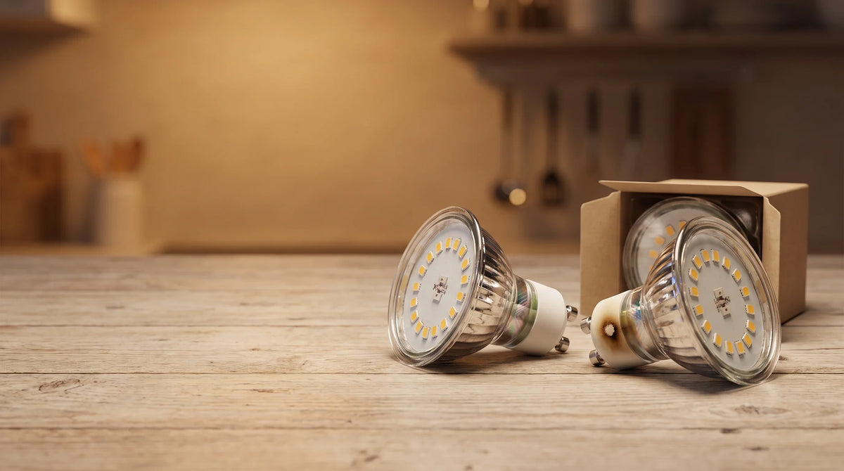 Mehrere GU10-LED-Spots mit sichtbaren LED-Chips, einer mit dunklem Sockel neben Ersatzlampe in Verpackung