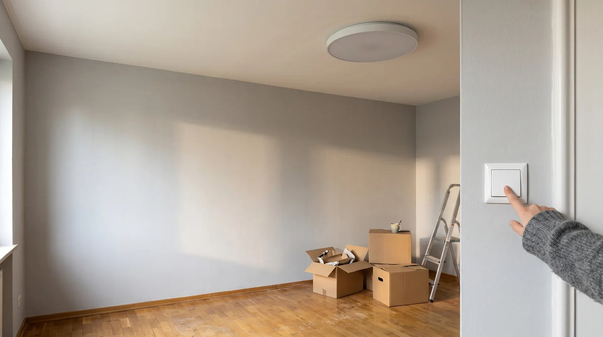 Frisch montierte LED-Deckenleuchte bleibt dunkel, während eine Hand den Lichtschalter drückt