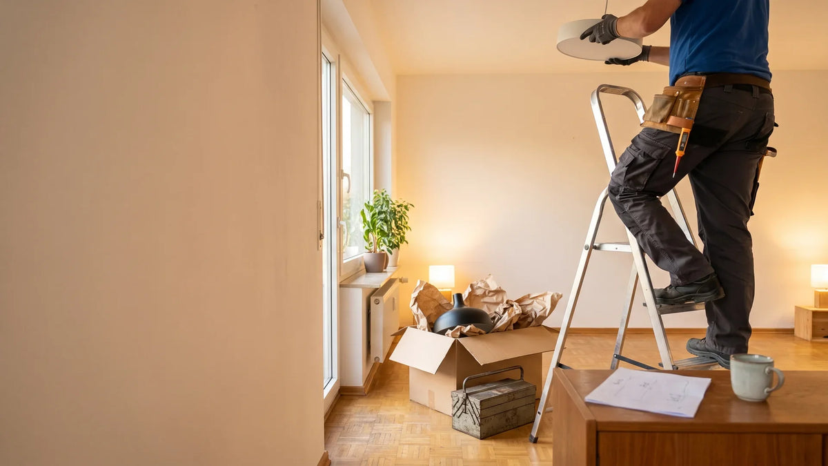 Elektrofachkraft montiert auf der Leiter eine Deckenleuchte, daneben der ausgepackte Lampenkarton