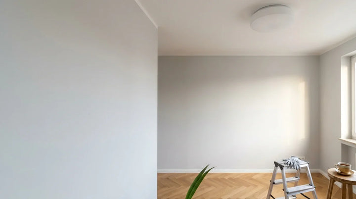 Helle Wohnung mit ausgeschalteter Deckenleuchte aus mattem Opalglas, davor Trittleiter und Arbeitshandschuhe