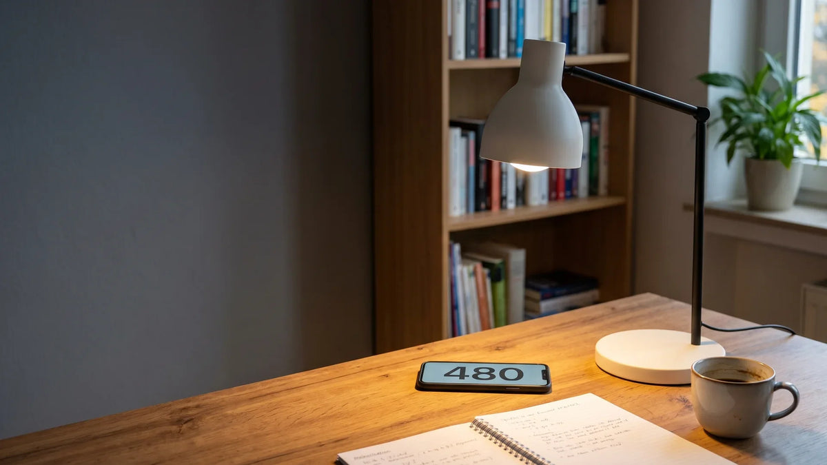 Schreibtisch am Abend: Ein Smartphone liegt im Lichtkegel der Lampe auf der Arbeitsfläche und misst die Helligkeit