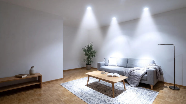 Wohnzimmer am Abend mit sehr hellen Deckenspots, Sofa, Decke und Buch auf dem Couchtisch