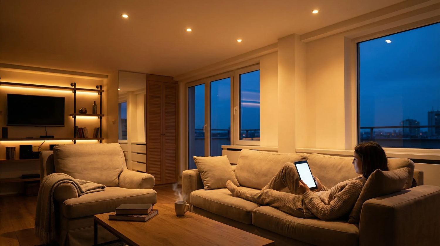 Gemütliches Wohnzimmer mit warmweißer LED-Beleuchtung - entspanntes Lesen am Abend