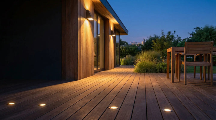 Modern beleuchtete Holzterrasse mit warmweißen LED-Leuchten in der Abenddämmerung