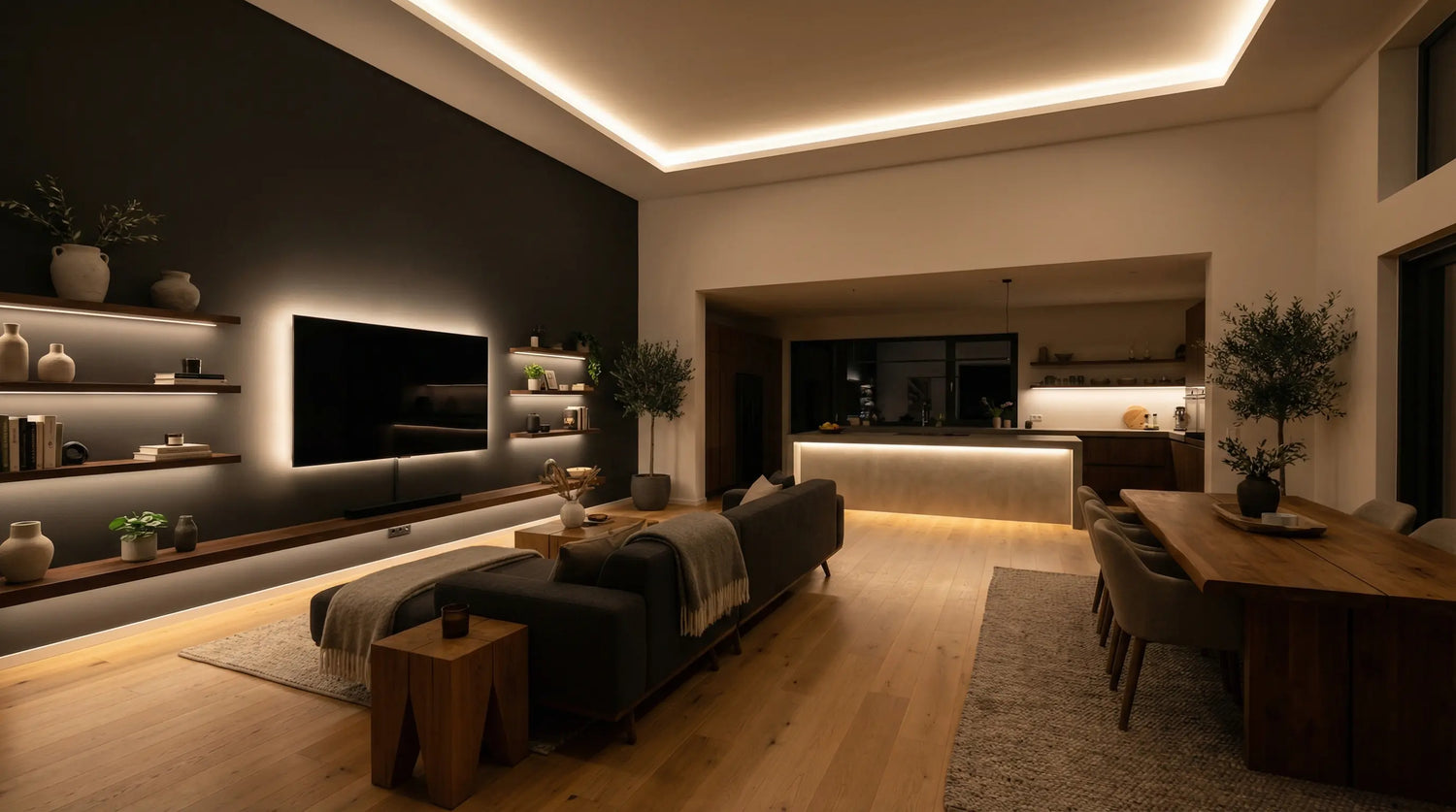 Modernes Wohnzimmer mit kreativen LED-Strip-Anwendungen