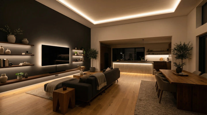 Modernes Wohnzimmer mit kreativen LED-Strip-Anwendungen