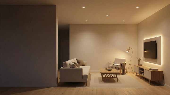 Wohnzimmer mit drei Beleuchtungsschichten: Einbaustrahler als Grundlicht, Stehlampe als Zonenlicht und LED-Strip als Akzentlicht