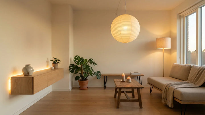 Japandi-Wohnzimmer mit drei Beleuchtungsschichten: Reispapier-Pendelleuchte, Stehlampe mit Leinenschirm und LED-Strip hinter Holzregal