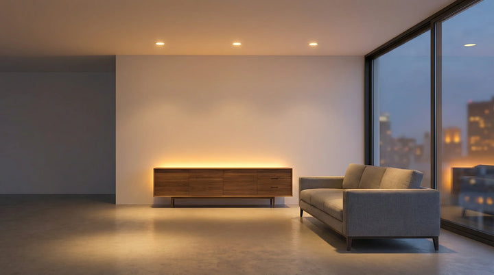 Minimalistisches Wohnzimmer mit LED-Einbaustrahlern und indirektem Licht hinter Sideboard