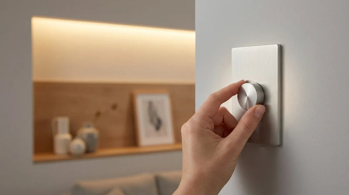 LED-Dimmer an der Wand - Hand dreht Drehregler zur Steuerung der LED-Helligkeit in modernem Wohnraum