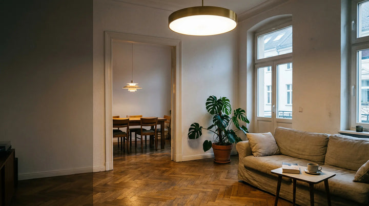 Modernes Wohnzimmer mit runder LED-Deckenleuchte in warmweissem Licht und Pendelleuchte ueber dem Esstisch im Hintergrund