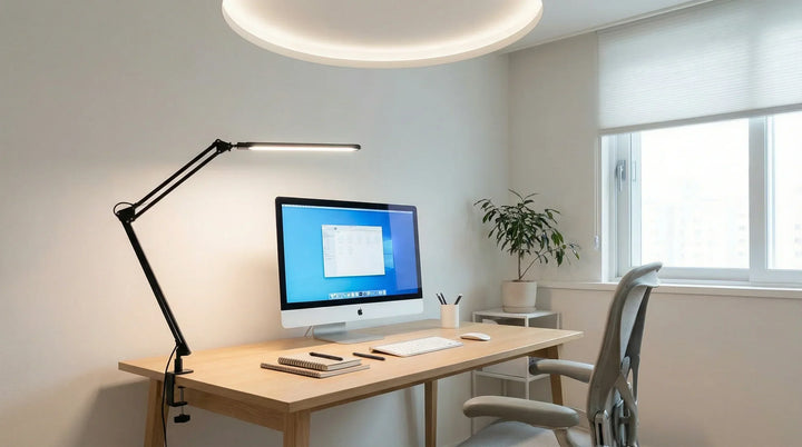 Moderner Arbeitsplatz im Home Office mit optimaler LED-Beleuchtung — Schreibtischlampe und Deckenleuchte
