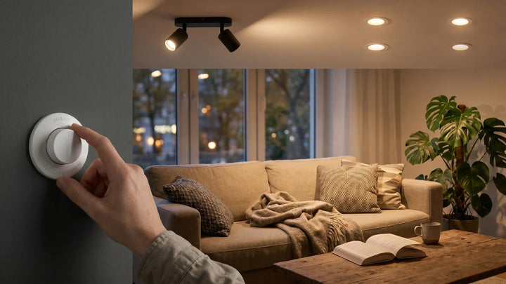 Wohnzimmer mit dimmbaren LED-Einbaustrahlern und Aufbau-Schiene in warmem Licht und Wand-Dimmer