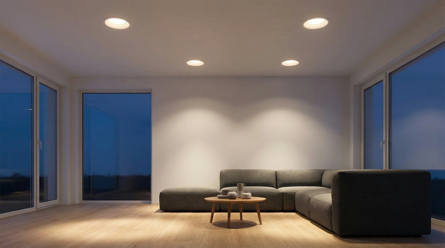 Modernes Wohnzimmer mit vier LED-Einbaustrahlern in weißer Decke bei Abendstimmung