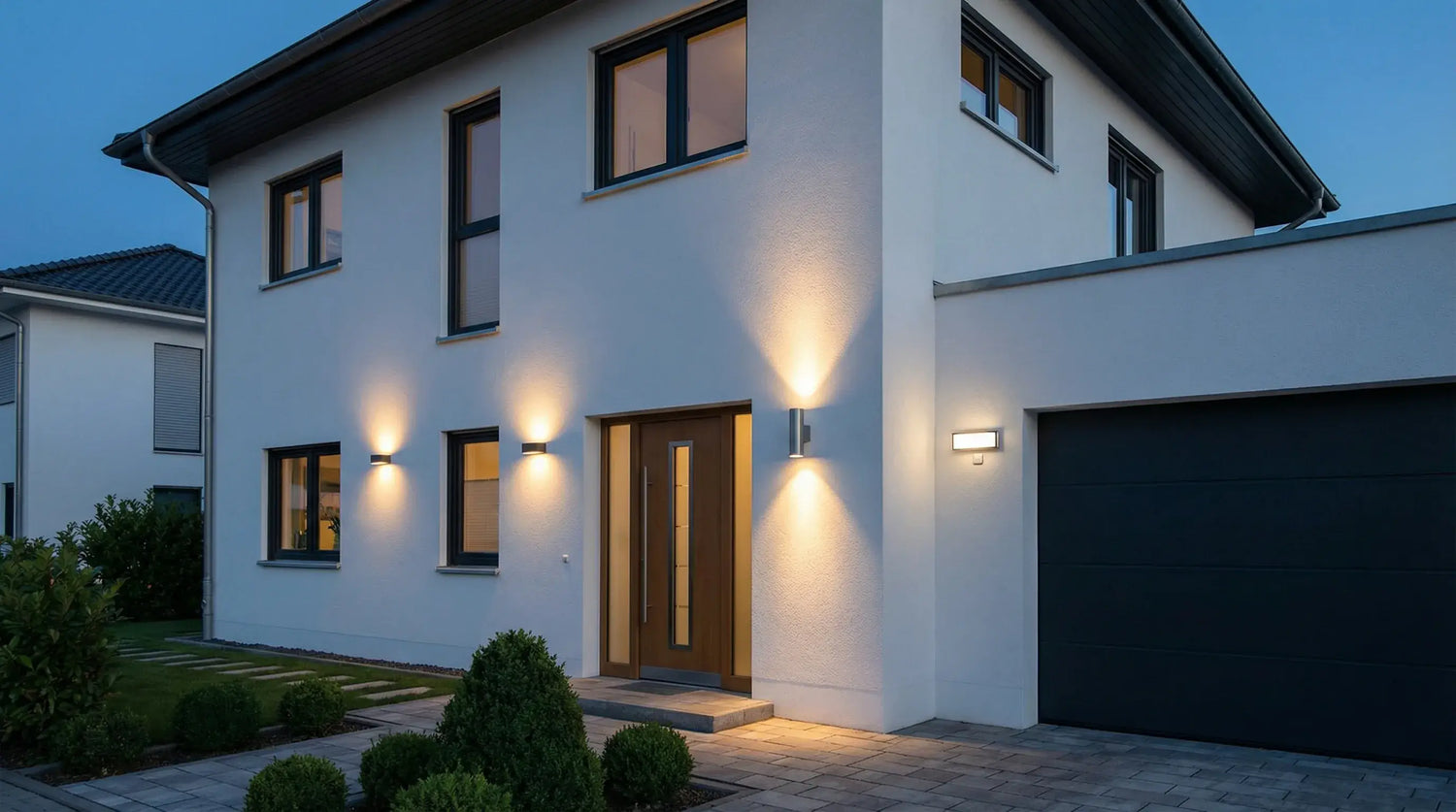 Moderne Hausfassade bei Dämmerung mit verschiedenen LED-Wandleuchten