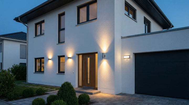 Moderne Hausfassade bei Dämmerung mit verschiedenen LED-Wandleuchten