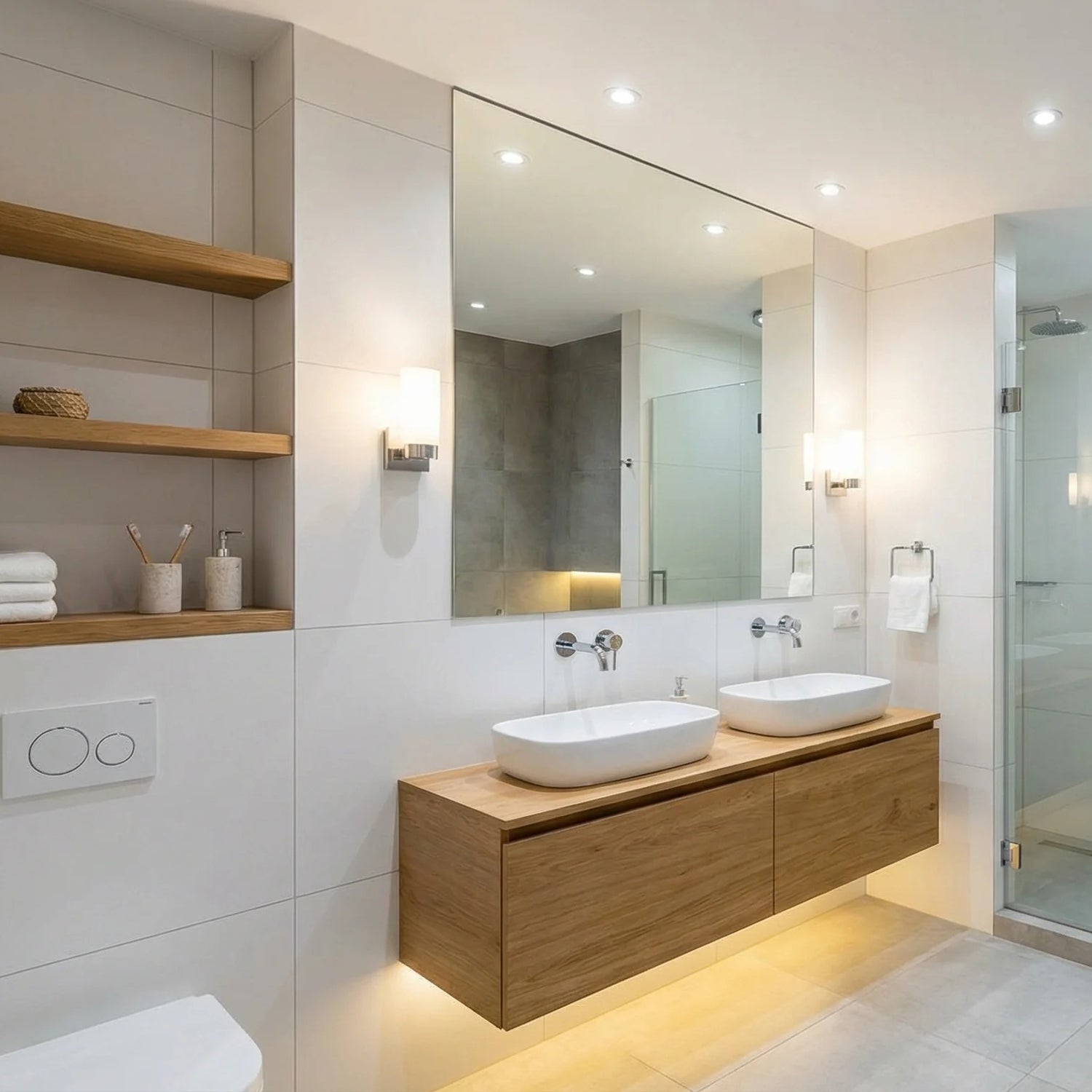 Modernes Badezimmer mit LED Einbaustrahlern und Waschtischbeleuchtung