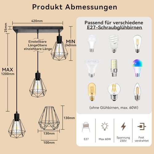 HiBay Pendelleuchte Diamant 3-Flammig Gerade – Bild 5 #3-Flammig Gerade