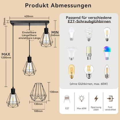 HiBay Pendelleuchte Diamant 3-Flammig Gerade – Bild 5 #3-Flammig Gerade