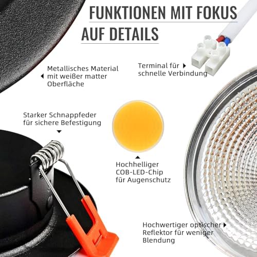 Wondlumi 6er LED Einbaustrahler 7W COB Schwarz Matt – Bild 5
