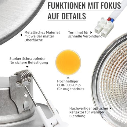 Wondlumi 6er LED Einbaustrahler 7W COB Nickel Gebürstet – Bild 5