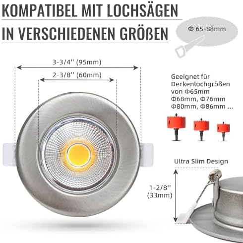Wondlumi 6er LED Einbaustrahler 7W COB Nickel Gebürstet – Bild 6