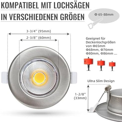Wondlumi 6er LED Einbaustrahler 7W COB Nickel Gebürstet – Bild 6