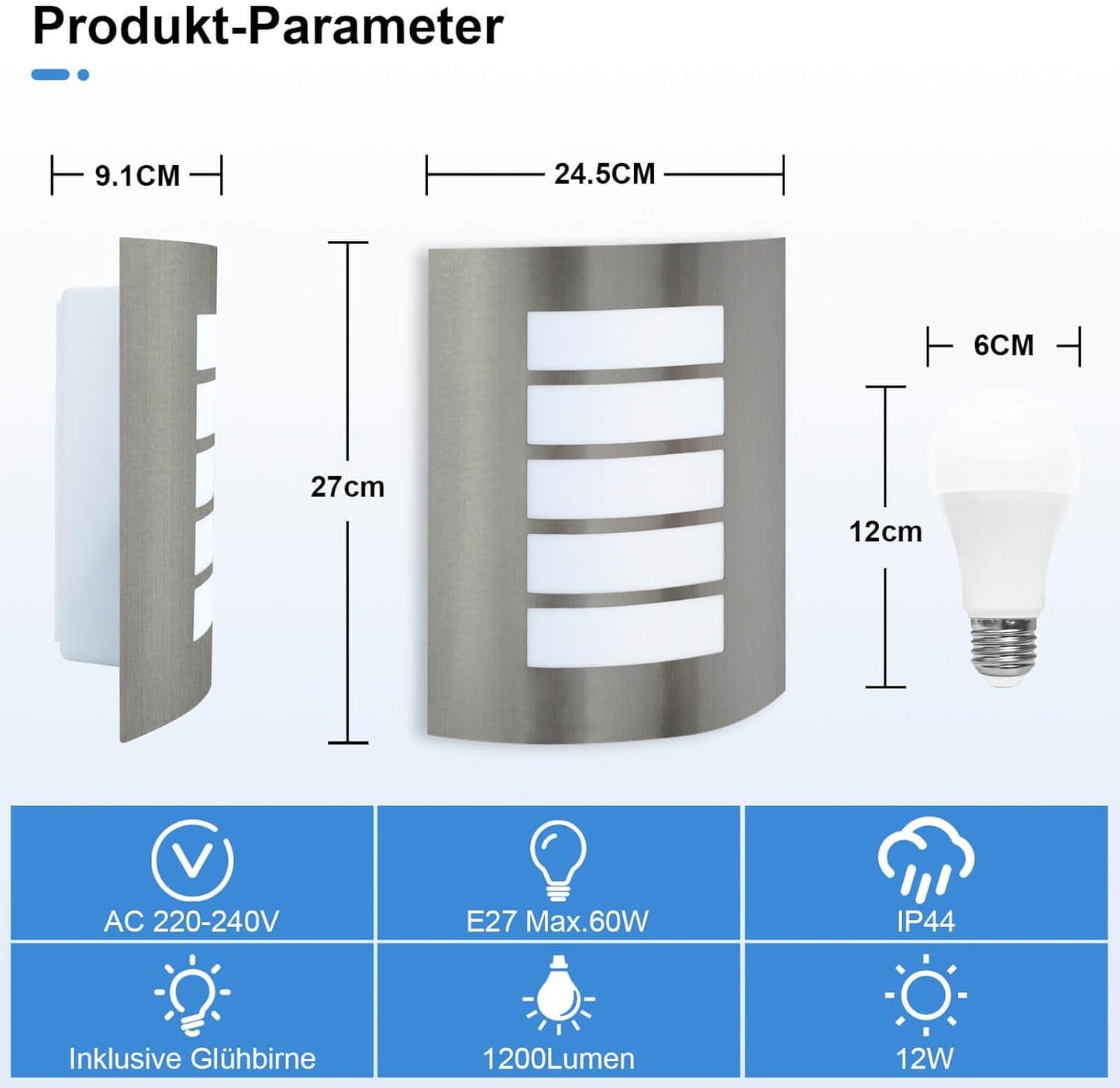 Kaihui Außenwandleuchte E27 IP – Bild 6 #Edelstahl Gebürstet