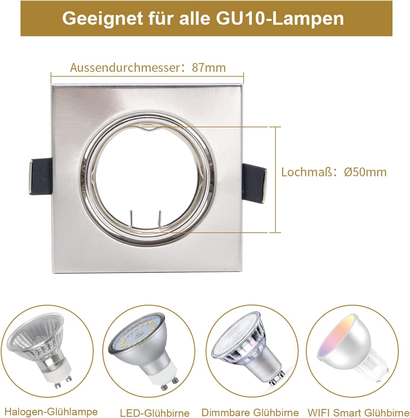 GU10 Einbaurahmen Eckig Edelstahl – 6er – 61XNrQLFisL