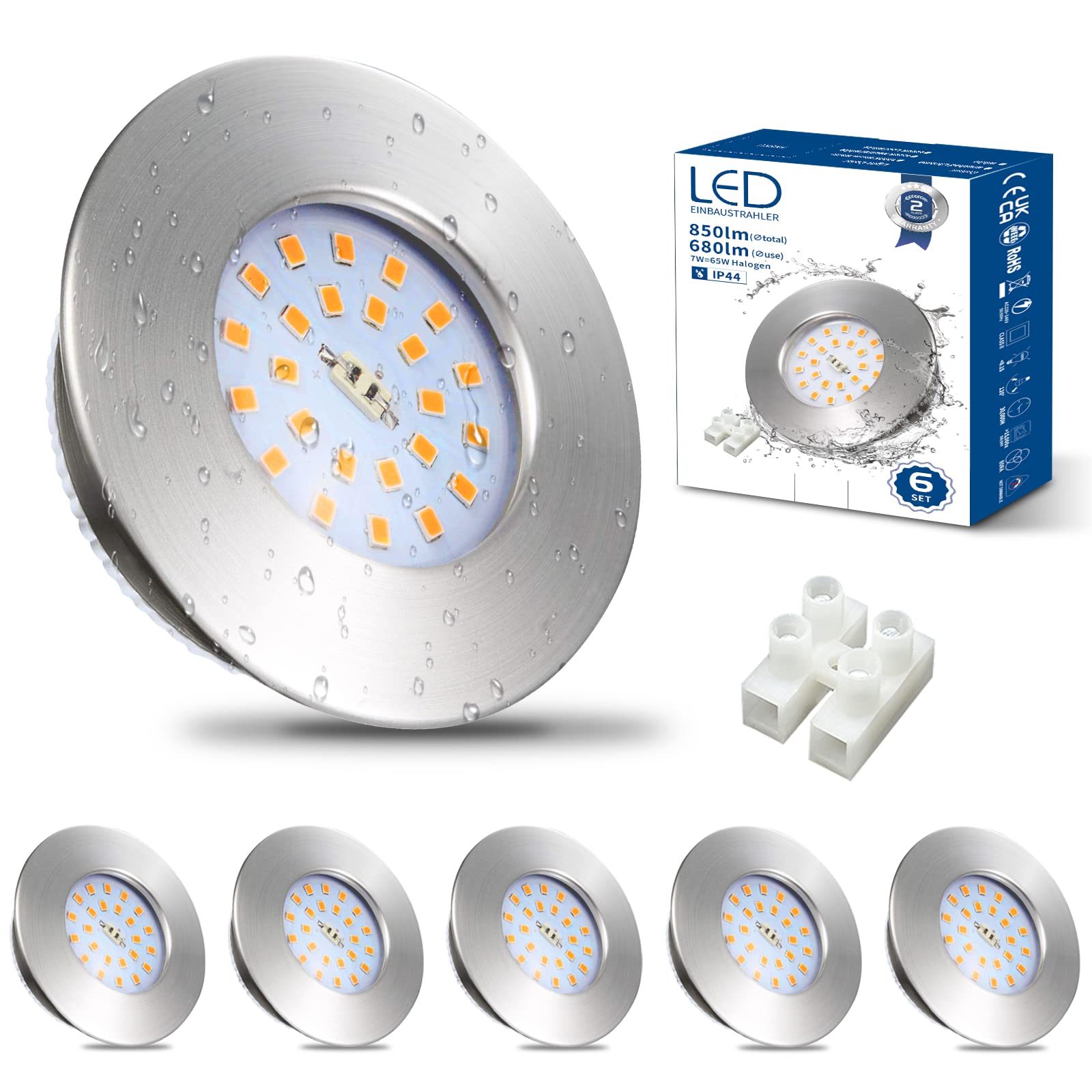 HiBay LED Einbaustrahler 7W IP44 Ultra Flach – Bild 1 #Nickel Gebürstet #Warmweiß 3000K #6er Set