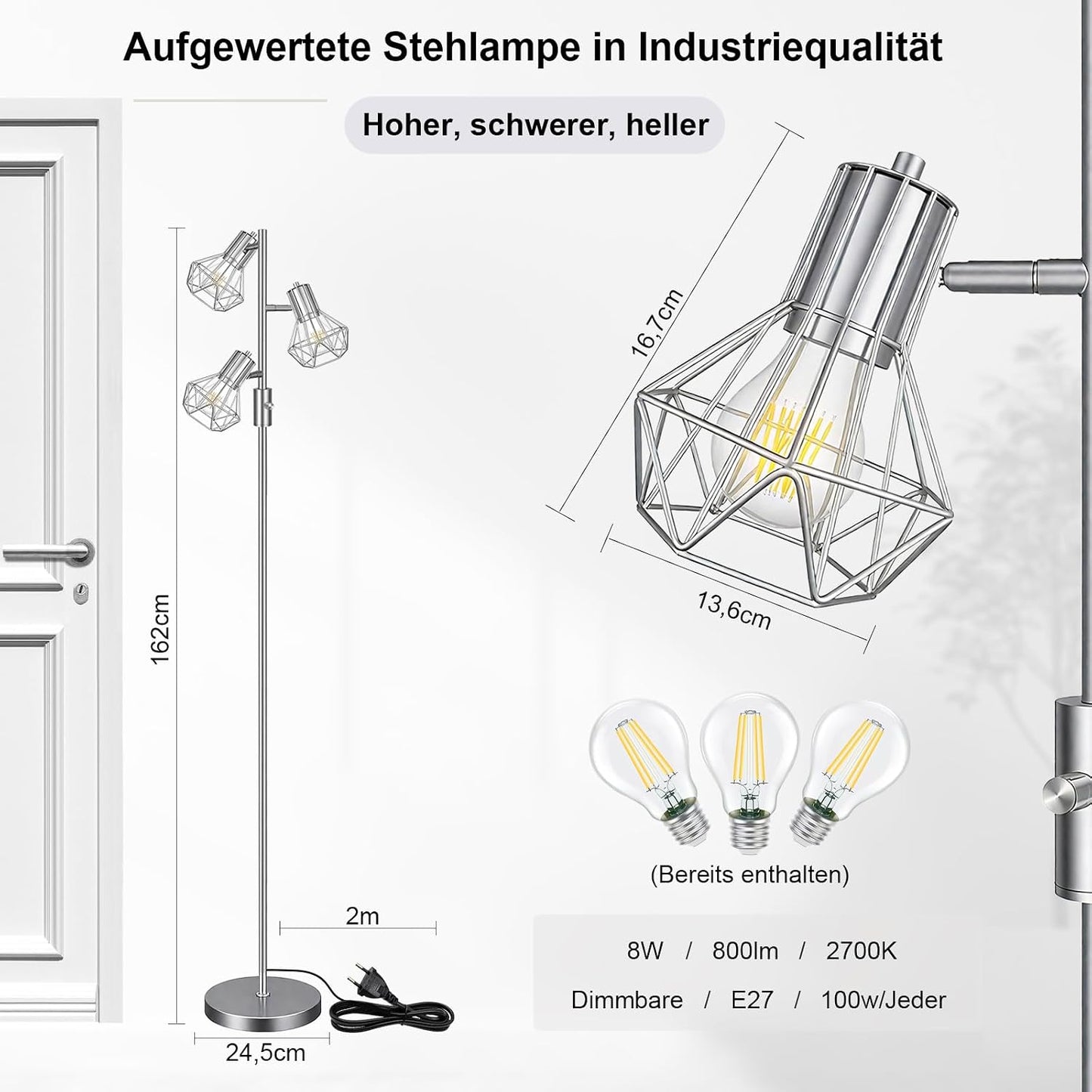 HiBay LED Stehlampe 3 Flammig Dimmbar Silber – Bild 2 #Silber