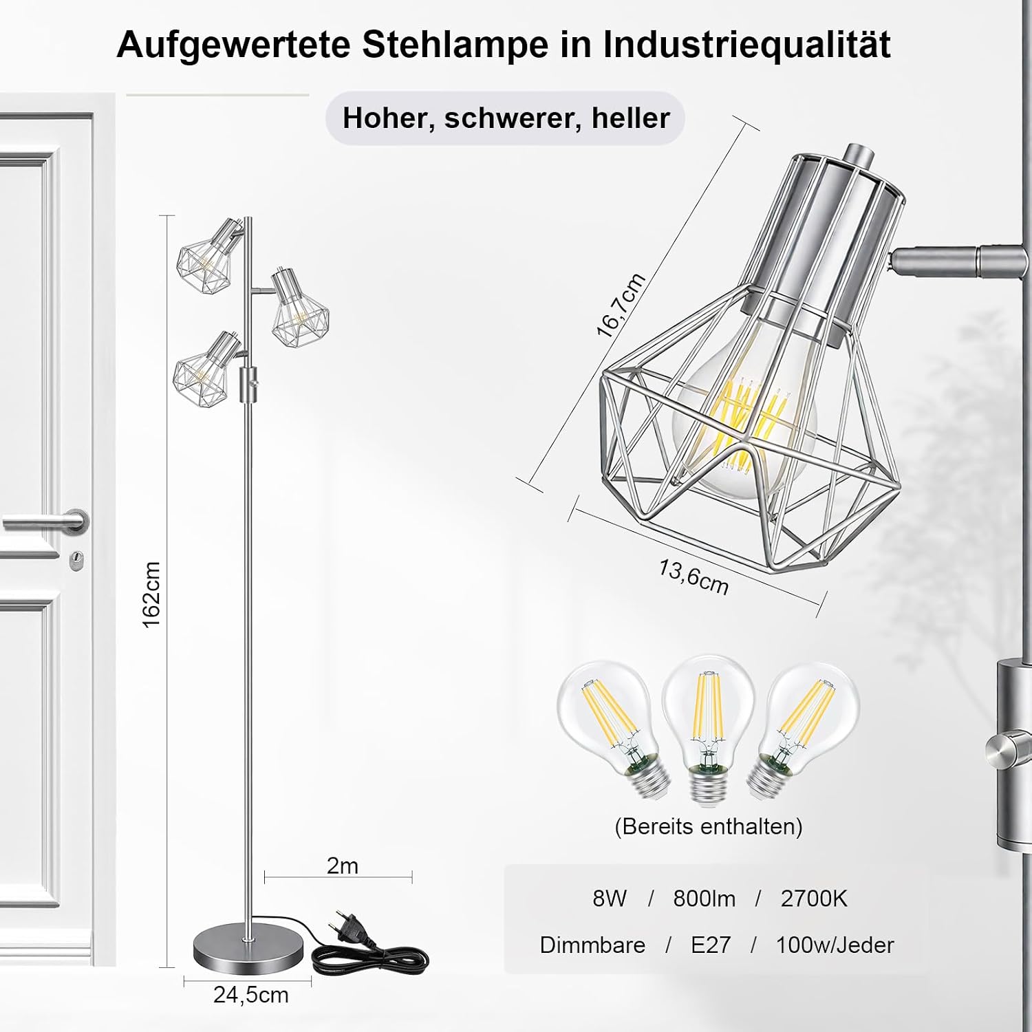 HiBay LED Stehlampe 3 Flammig Dimmbar Silber – Bild 2 #Silber