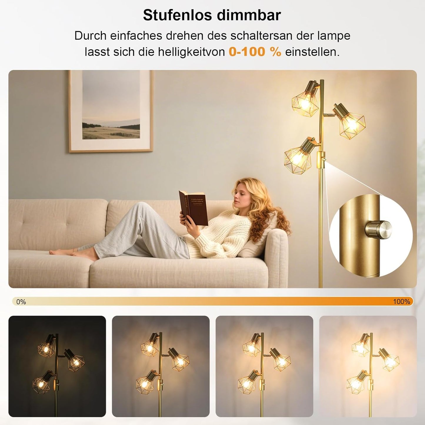 HiBay LED Stehlampe 3 Flammig Dimmbar Gold Luxus #Gold