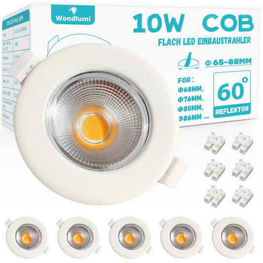 Wondlumi 6er LED Einbaustrahler 10W COB Weiß Matt – Bild 2 #Warmweiß 3000K #Nicht dimmbar