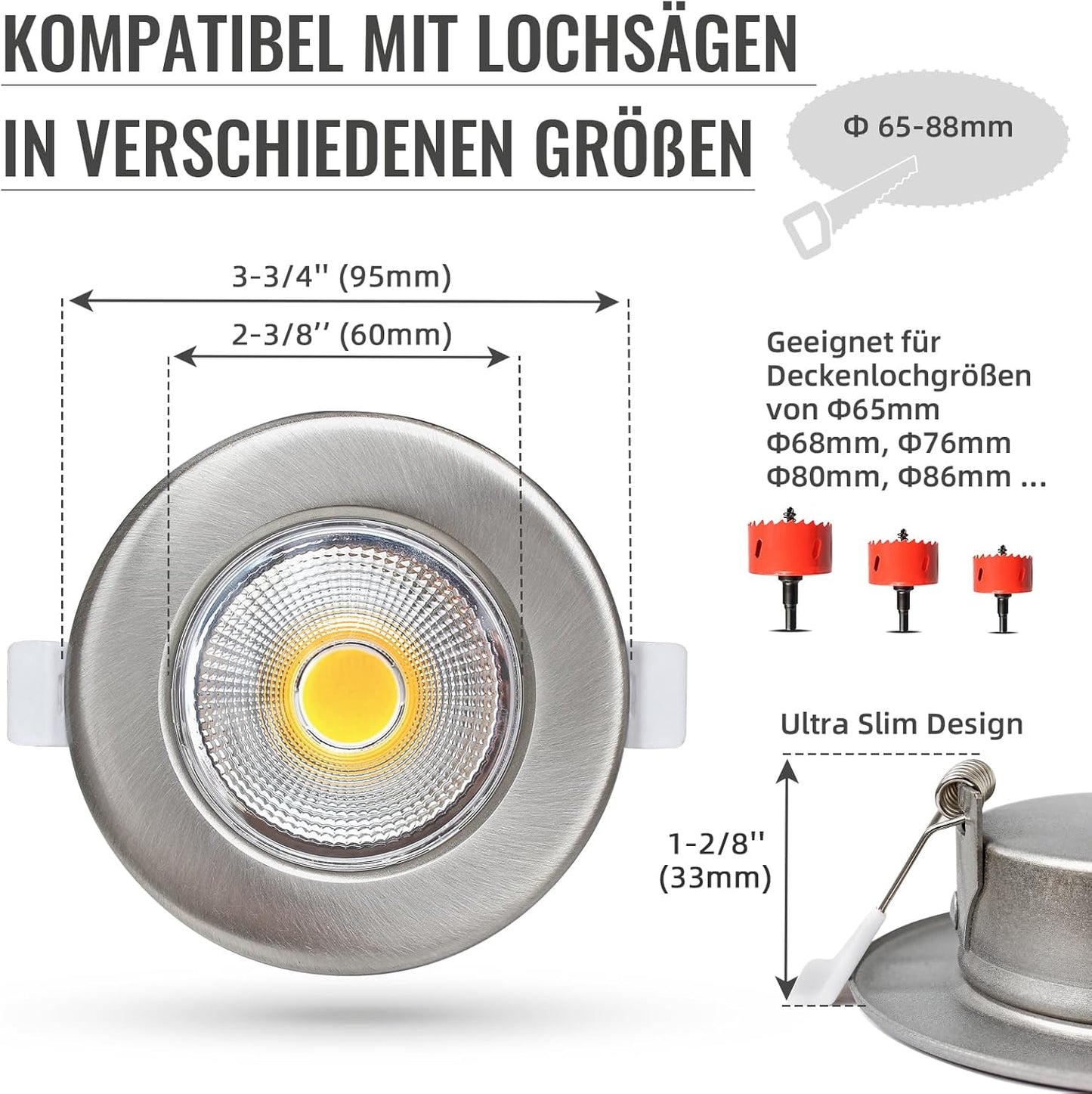 Wondlumi 6er LED Einbaustrahler 10W COB Nickel Gebürstet – Bild 6 #Warmweiß 3000K