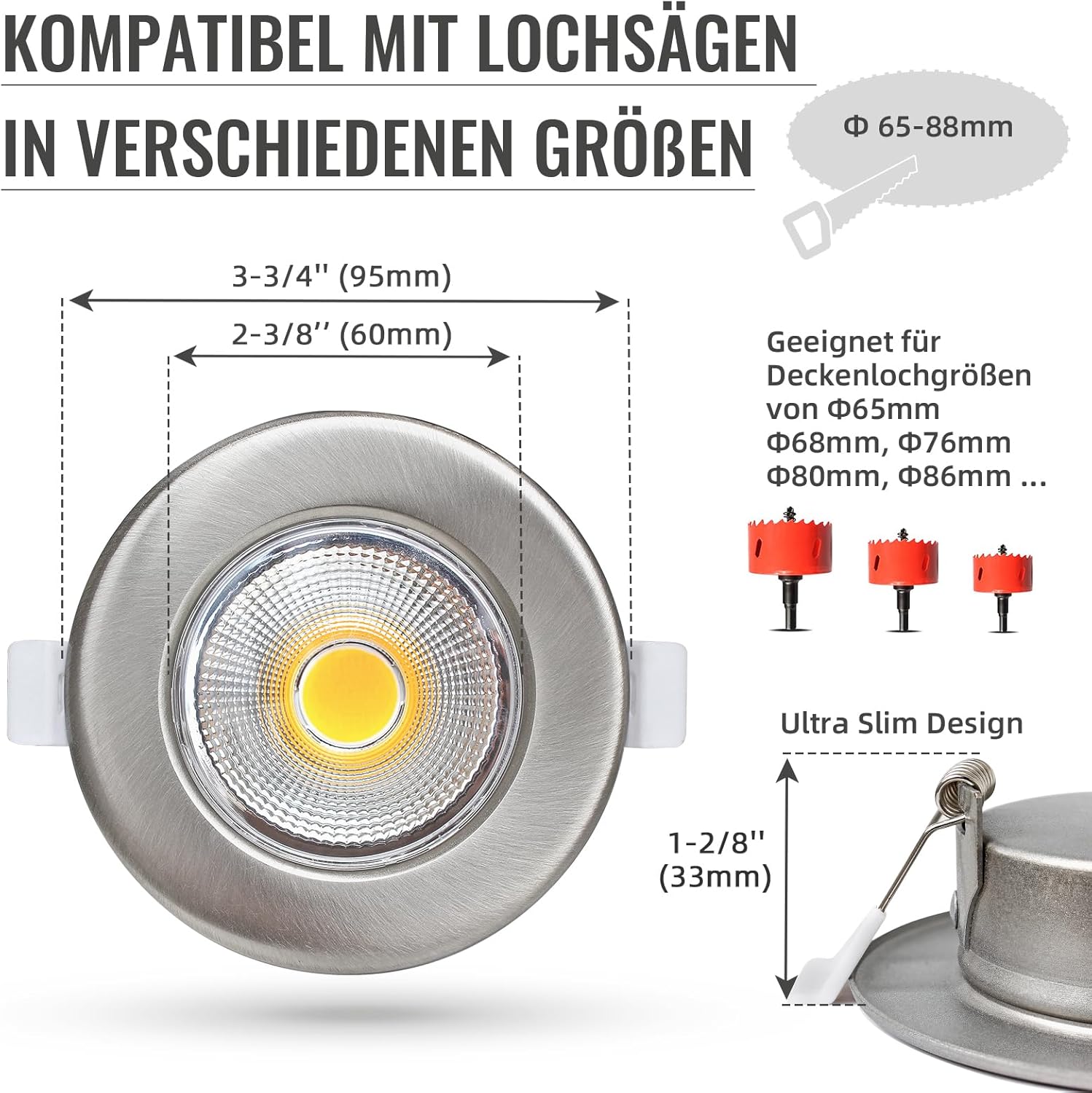Wondlumi 6er LED Einbaustrahler 10W COB Nickel Gebürstet – Bild 6 #Warmweiß 3000K