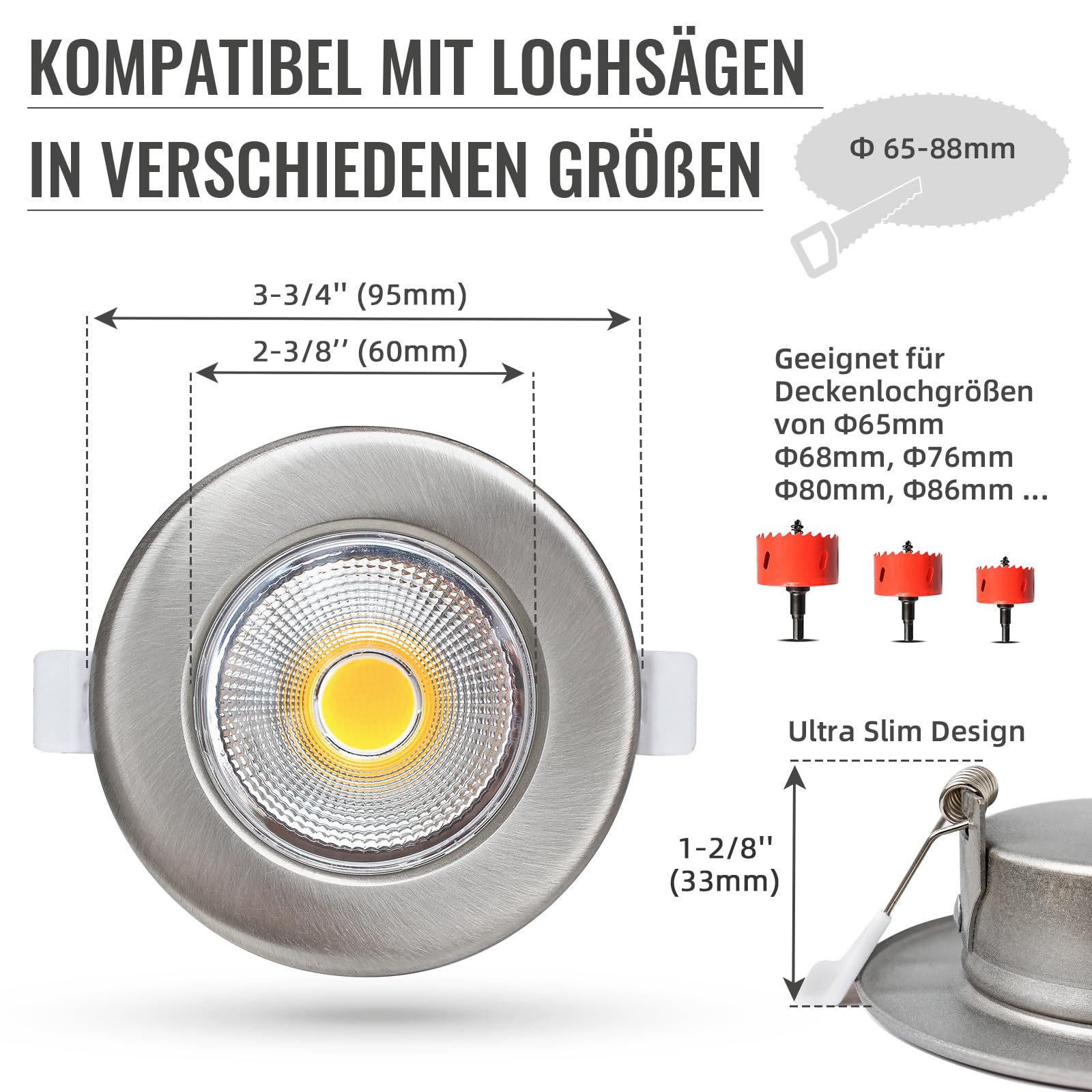 Wondlumi 6er LED Einbaustrahler 7W COB Nickel Gebürstet – Bild 6