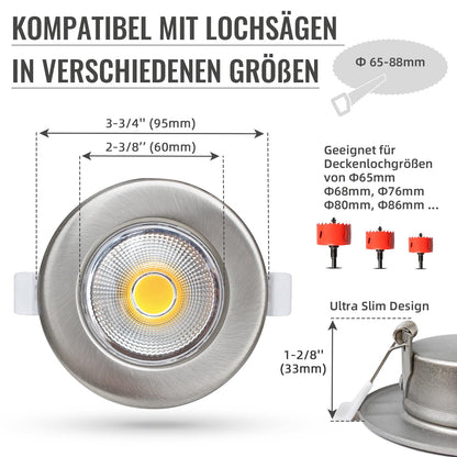 Wondlumi 6er LED Einbaustrahler 7W COB Nickel Gebürstet – Bild 6
