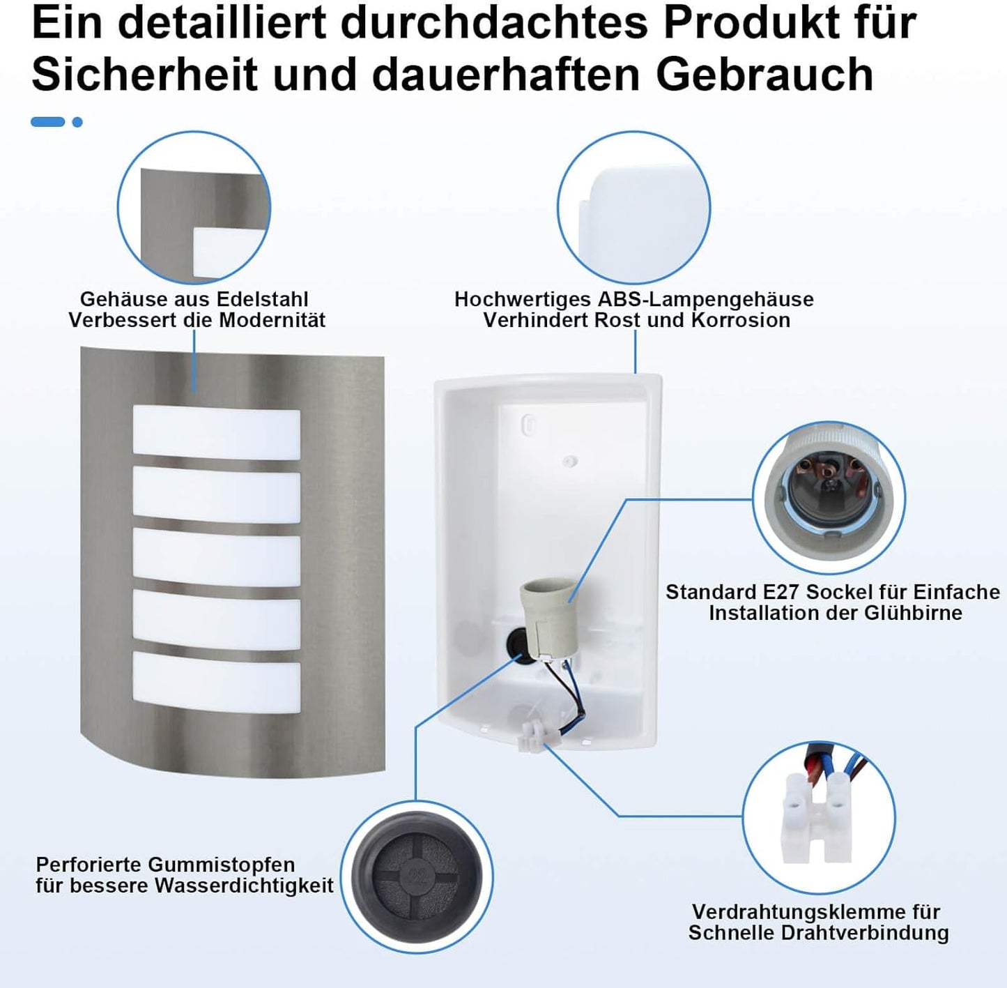 Kaihui Außenwandleuchte E27 IP – Bild 2 #Edelstahl Gebürstet