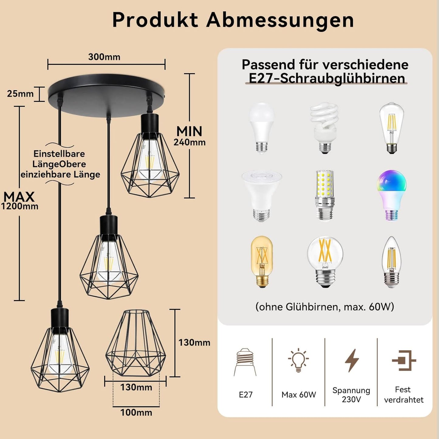 HiBay Pendelleuchte Diamant 3-Flammig Rund – Bild 4 #3-Flammig Rund