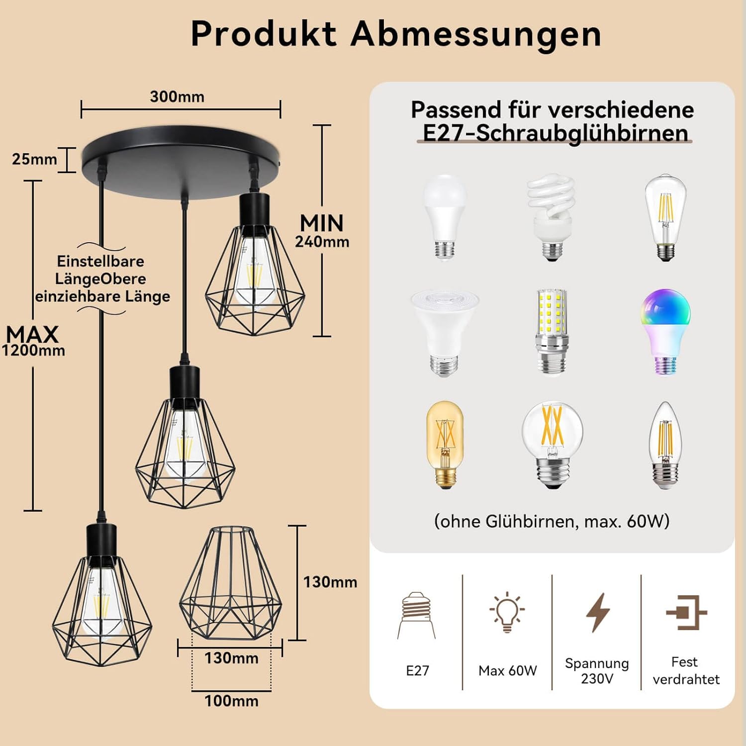 HiBay Pendelleuchte Diamant 3-Flammig Rund – Bild 4 #3-Flammig Rund