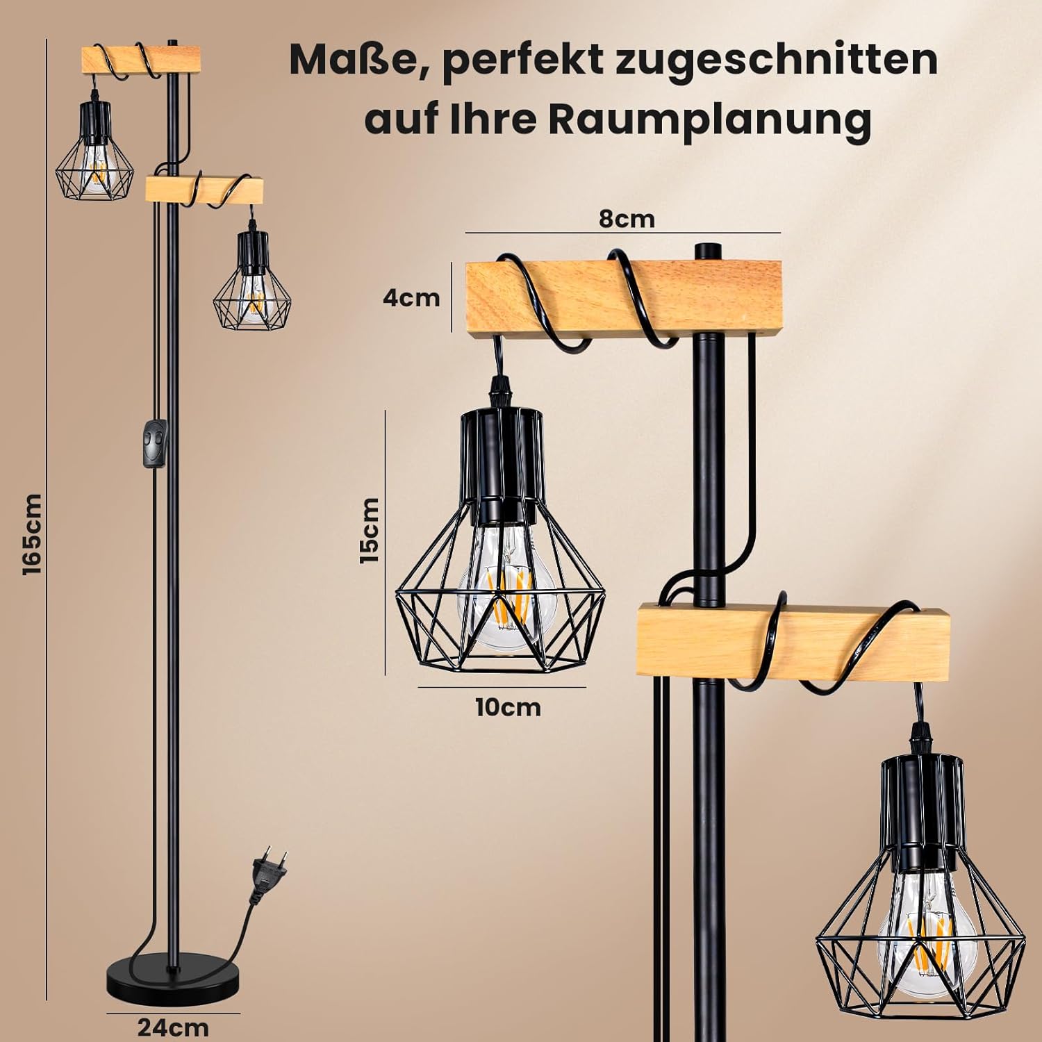 HiBay Stehlampe 2 Flammig Holz Industrial – Bild 3
