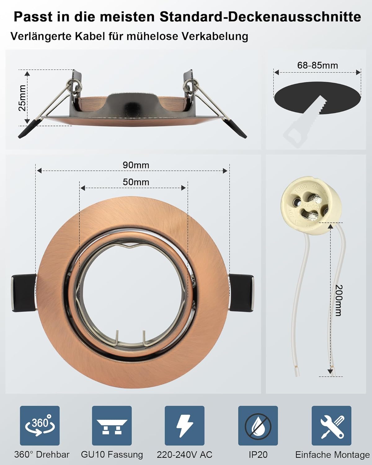 K4 GU10 LED Einbaurahmen Set – Bild 33 #Kupfer - Antikkupfer