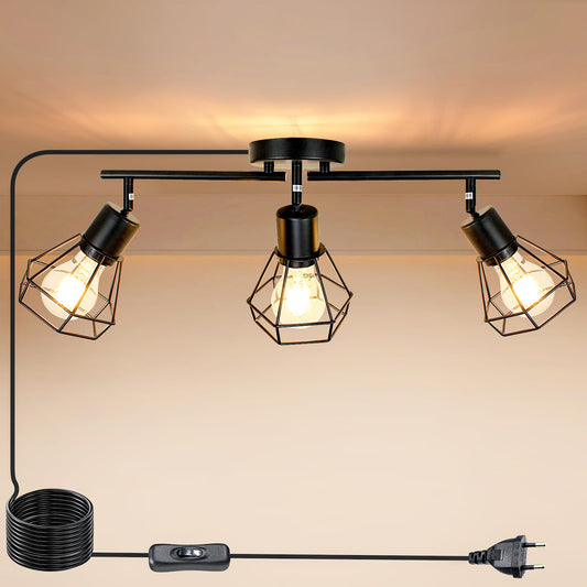 HiBay Deckenstrahler mit Schalter und Stecker E27 Schwarz – Wandlampe Plug-in – 3 Flammig