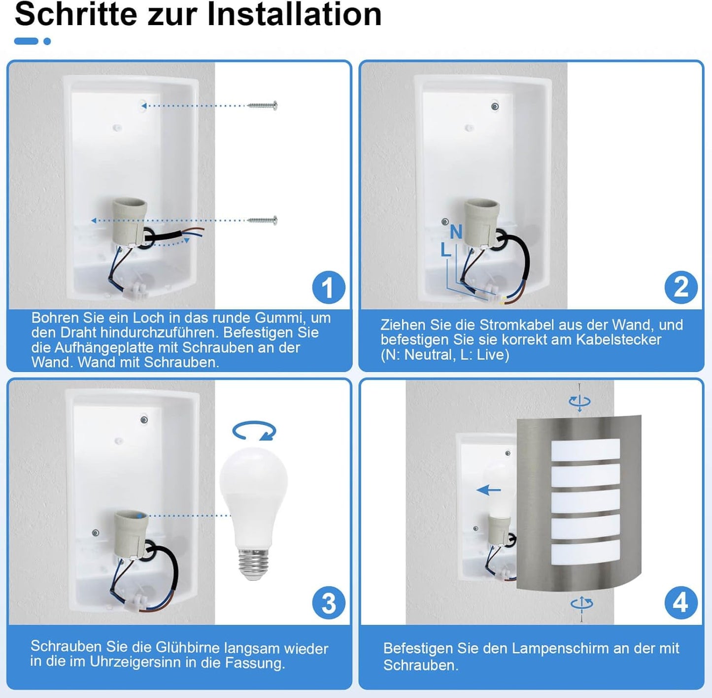 Kaihui Außenwandleuchte E27 IP – Bild 4 #Edelstahl Gebürstet